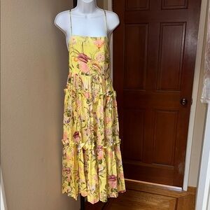 Cara Cara Harbor Island Yellow Floral Birds Tiered Midi Cotton Dress Women’s XS
